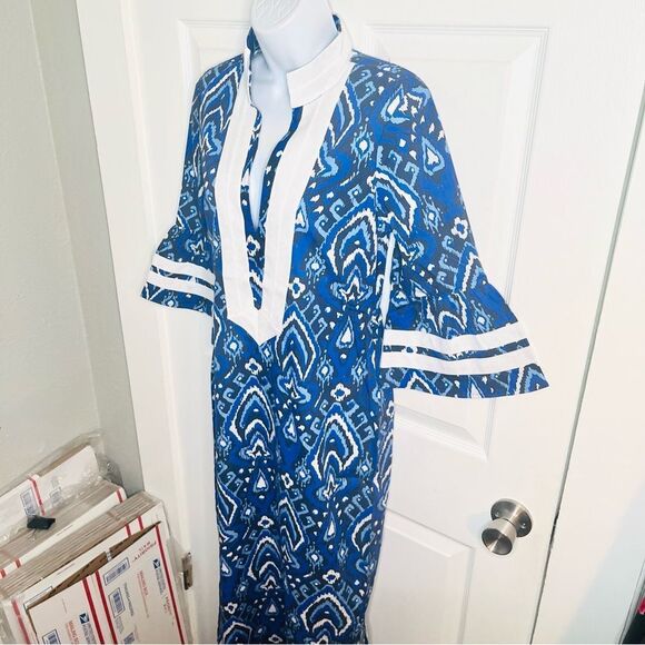 SAIL TO SABLE Bell Sleeve Caftan Midi Dress Cotton Ikat Navy Blue White XS NWT - Picture 6 of 9